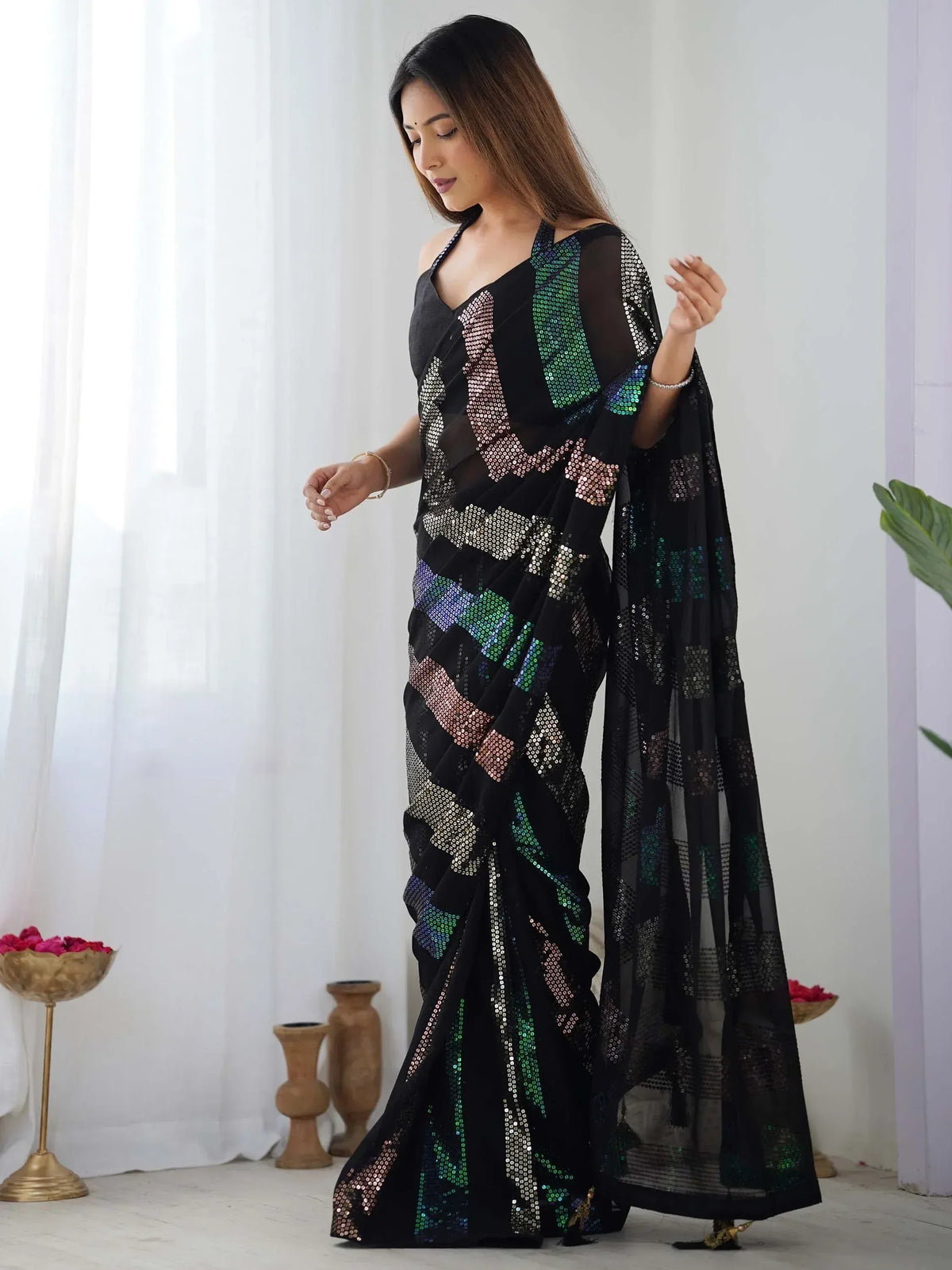Black sequin saree with colorful geometric patterns, stylish Indian ethnic wear for women
