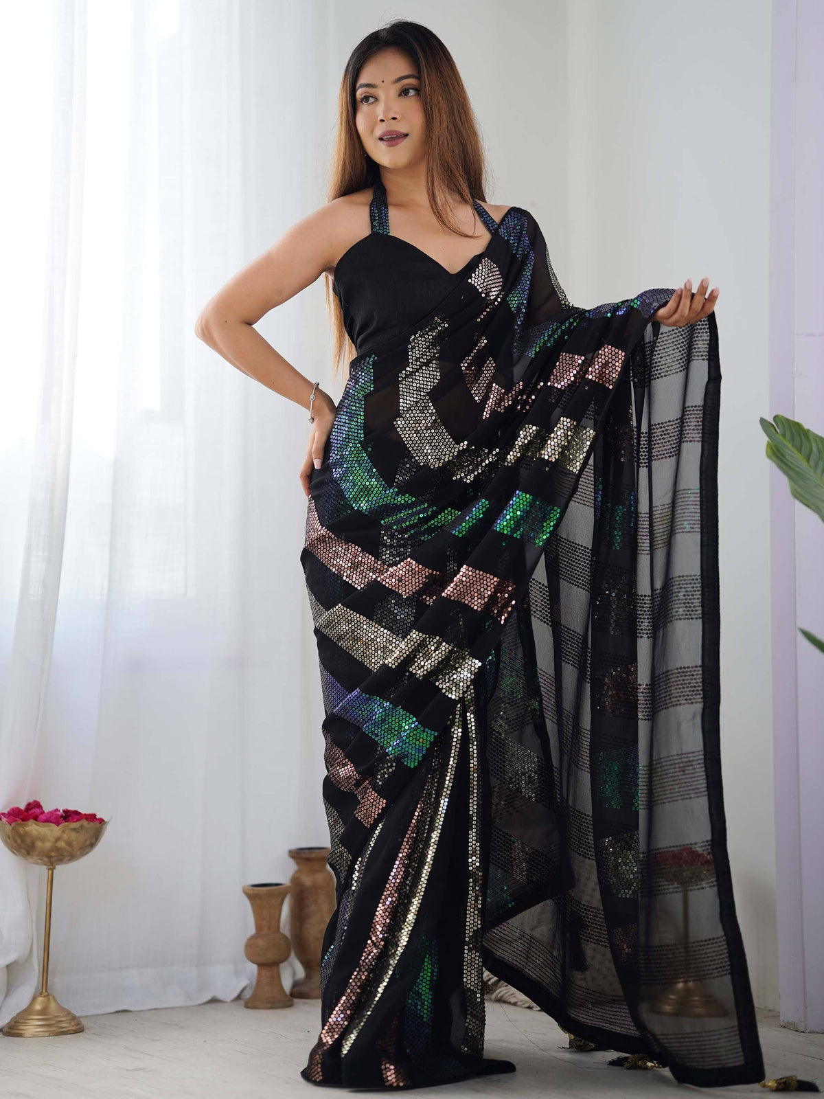 Black sequin saree with colorful geometric patterns, stylish Indian ethnic wear for parties