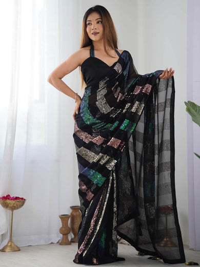 Wonderful Black Sequins Georgette Party Wear Saree With Blouse