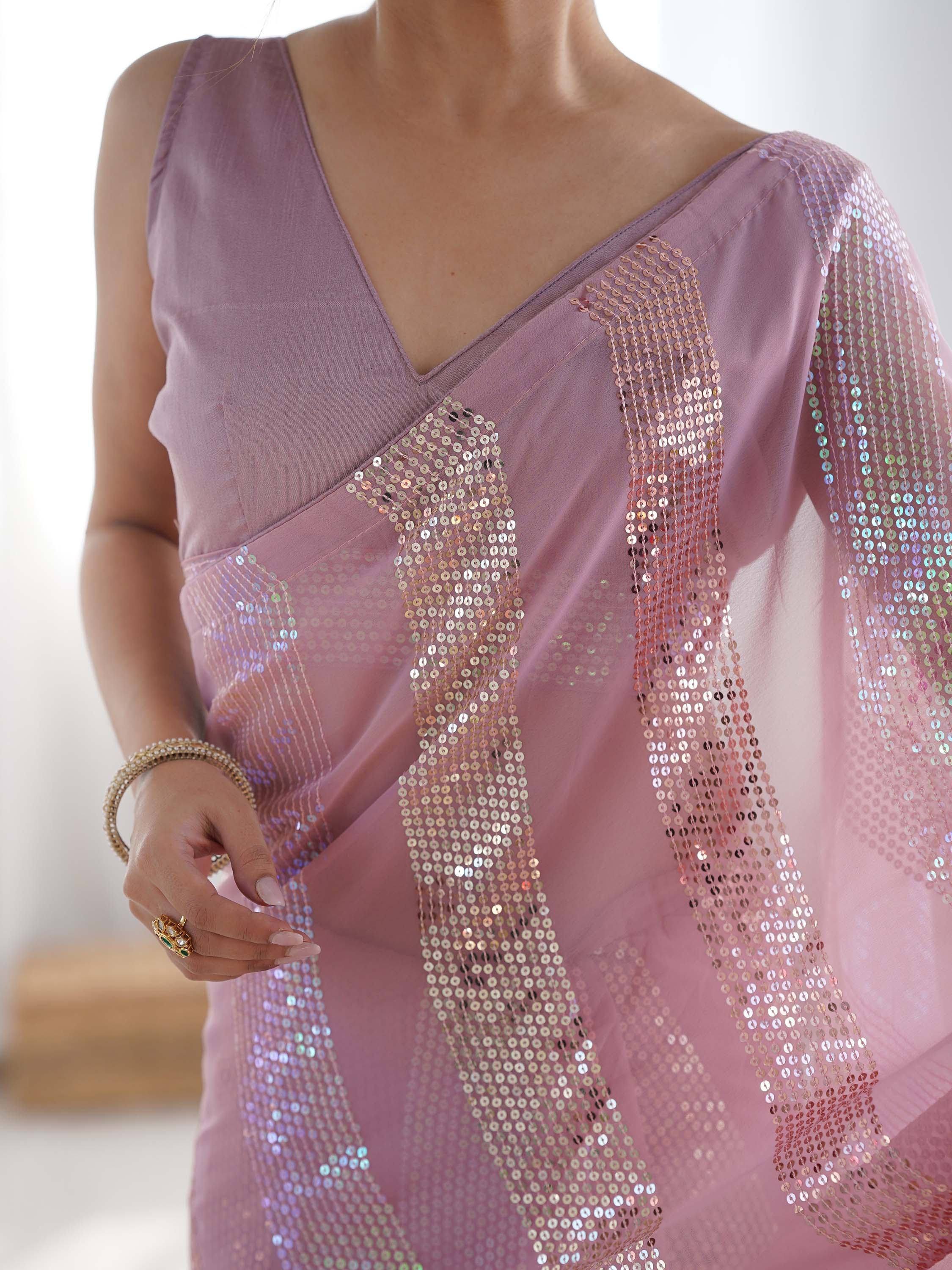 Marvelous Pink Sequins Georgette Engagement Wear Saree With Blouse