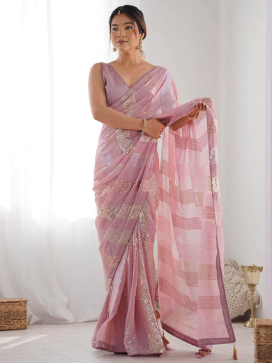 Marvelous Pink Sequins Georgette Engagement Wear Saree With Blouse