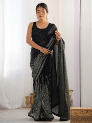 Astonishing Black Sequins Georgette Reception Wear Saree With Blouse