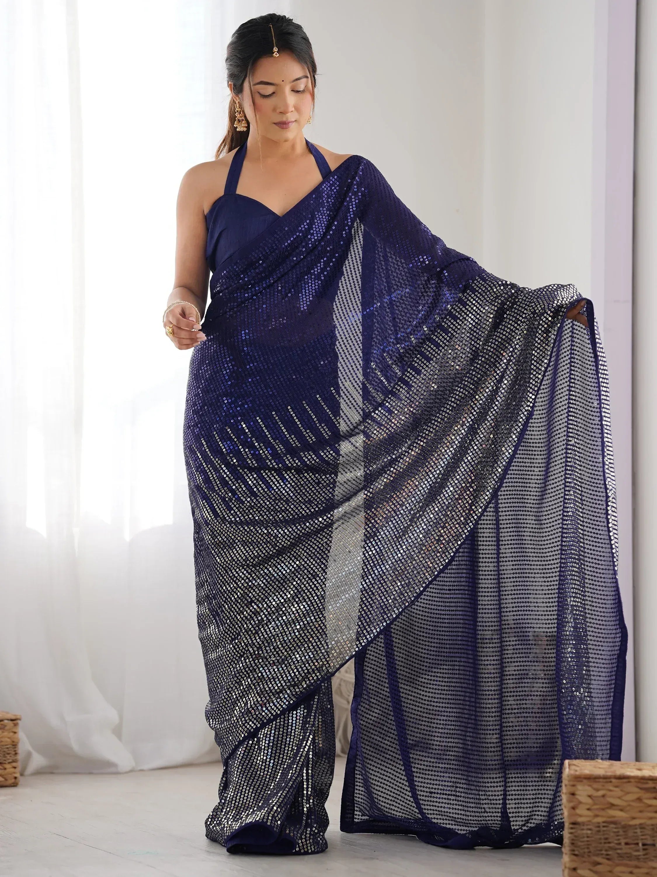 Navy blue sequin saree with halter neck blouse, Indian ethnic wear for festive occasions