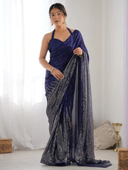 Spectacular Blue Sequins Georgette Party Wear Saree With Blouse