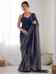 Spectacular Blue Sequins Georgette Party Wear Saree With Blouse