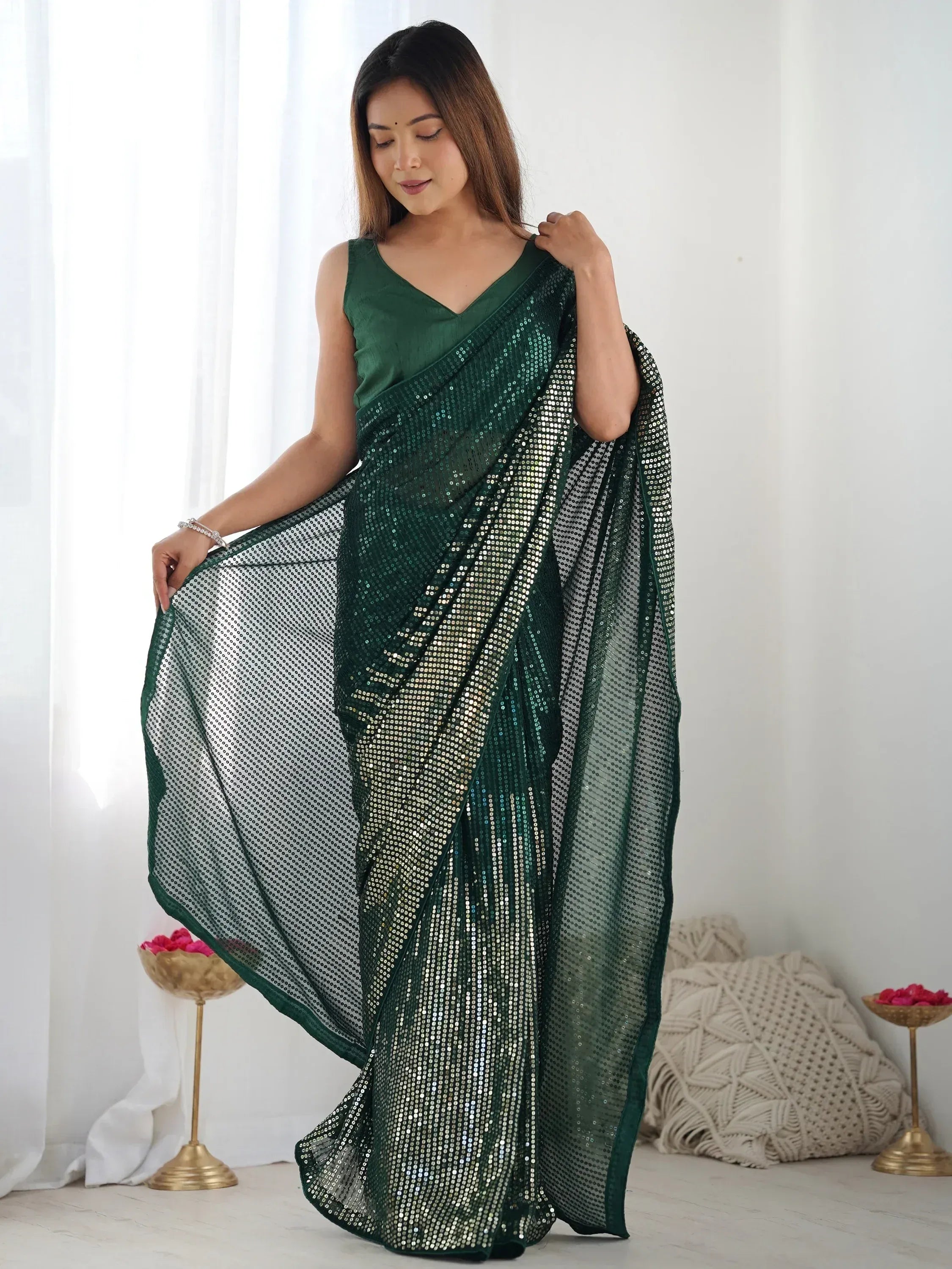 Emerald green sequin saree with matching blouse, elegant Indian ethnic wear for parties and weddings