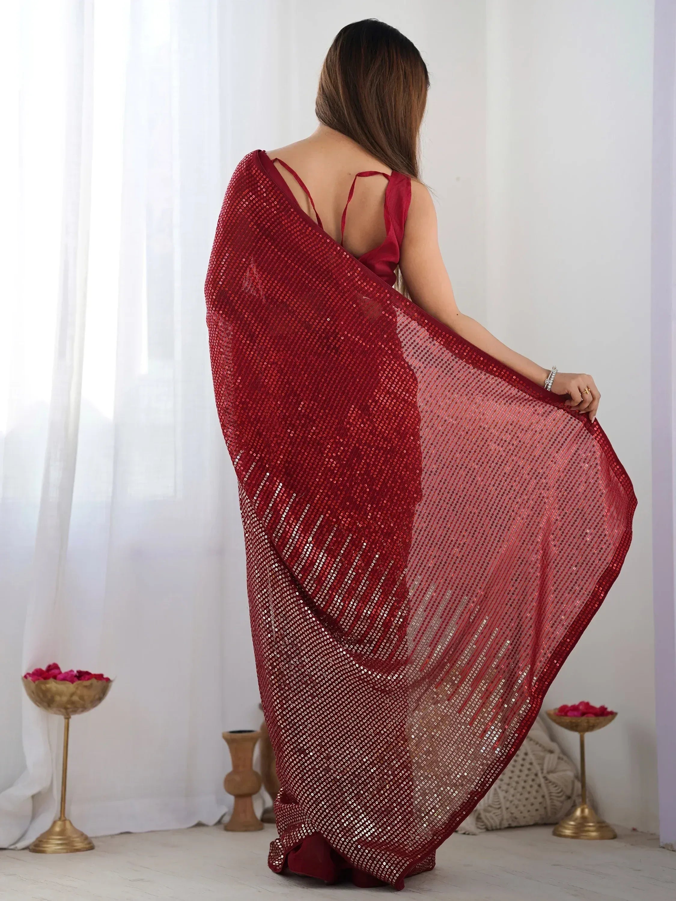 Red sequin saree with backless blouse, Indian ethnic wear for festive occasions