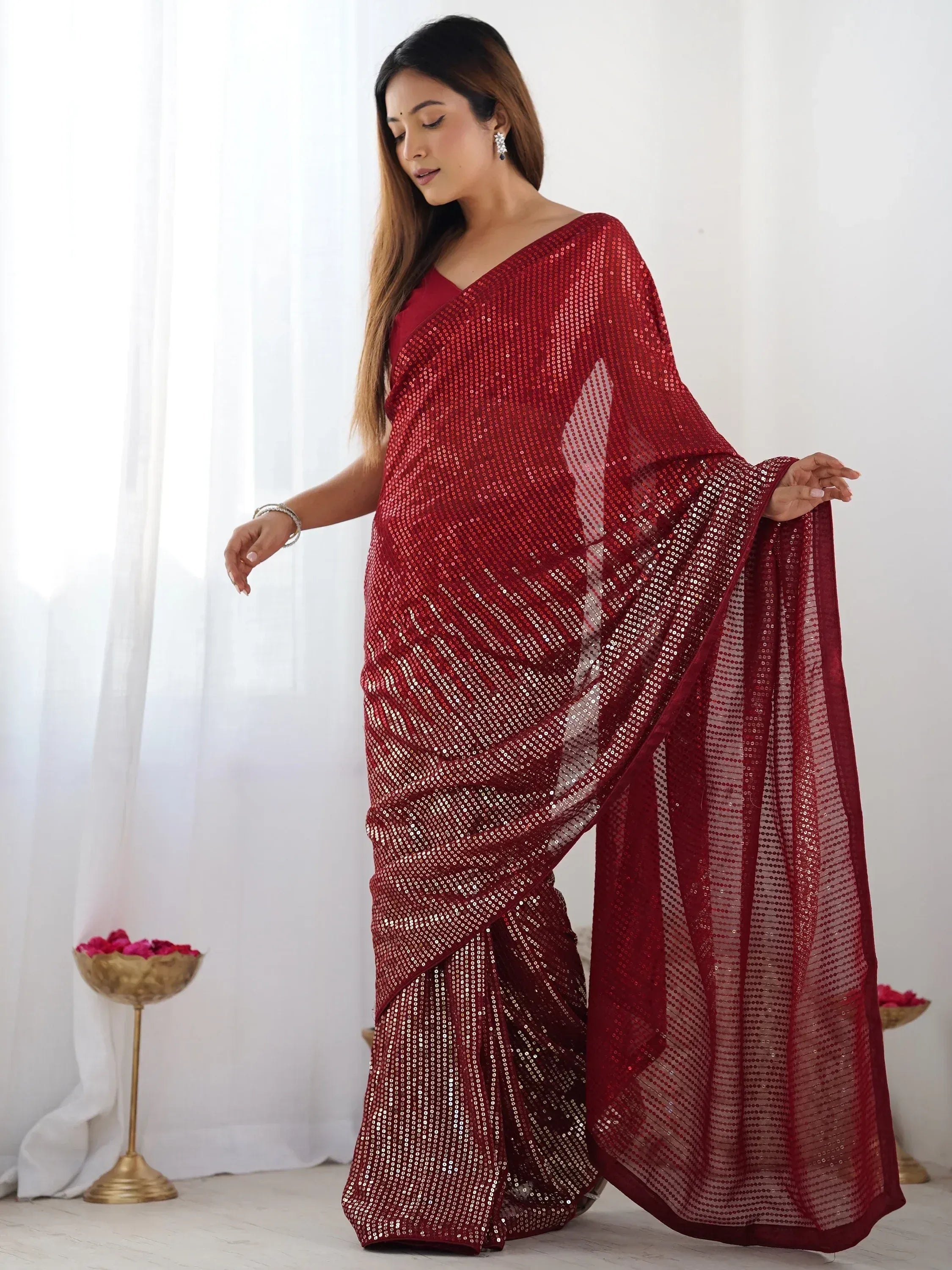 Red sequin saree with sheer pallu, elegant Indian ethnic wear for festive occasions