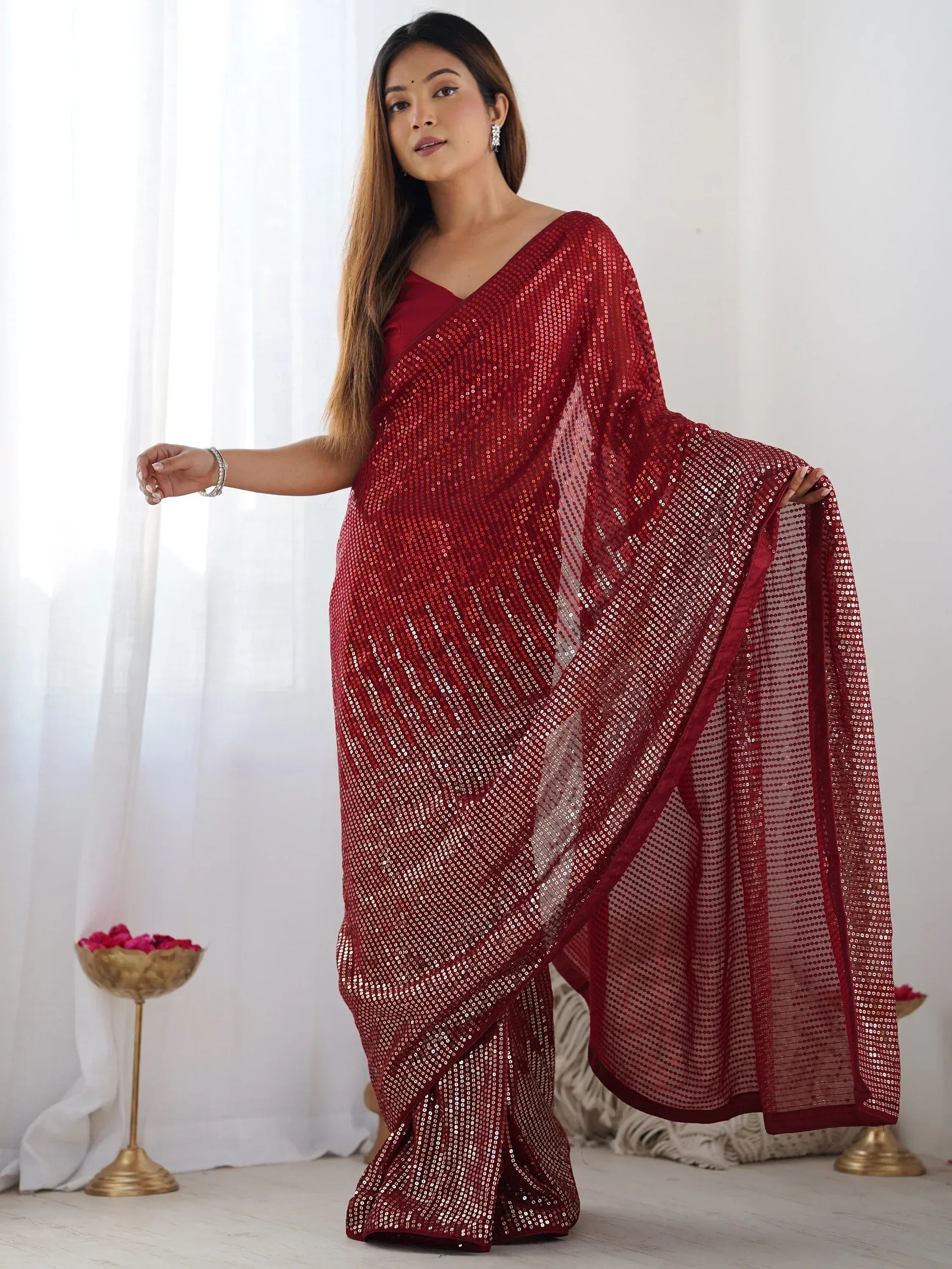 Red sequin saree with V-neck blouse, elegant Indian ethnic wear for parties