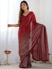 Enchanting Red Sequins Georgette Reception Wear Saree With Blouse