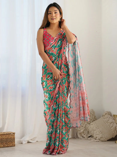 Attractive Green Digital Printed Chinon Festival Wear Saree With Blouse