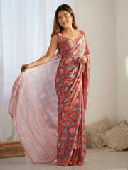Gorgeous Red Digital Printed Chinon Casual Wear Saree With Blouse