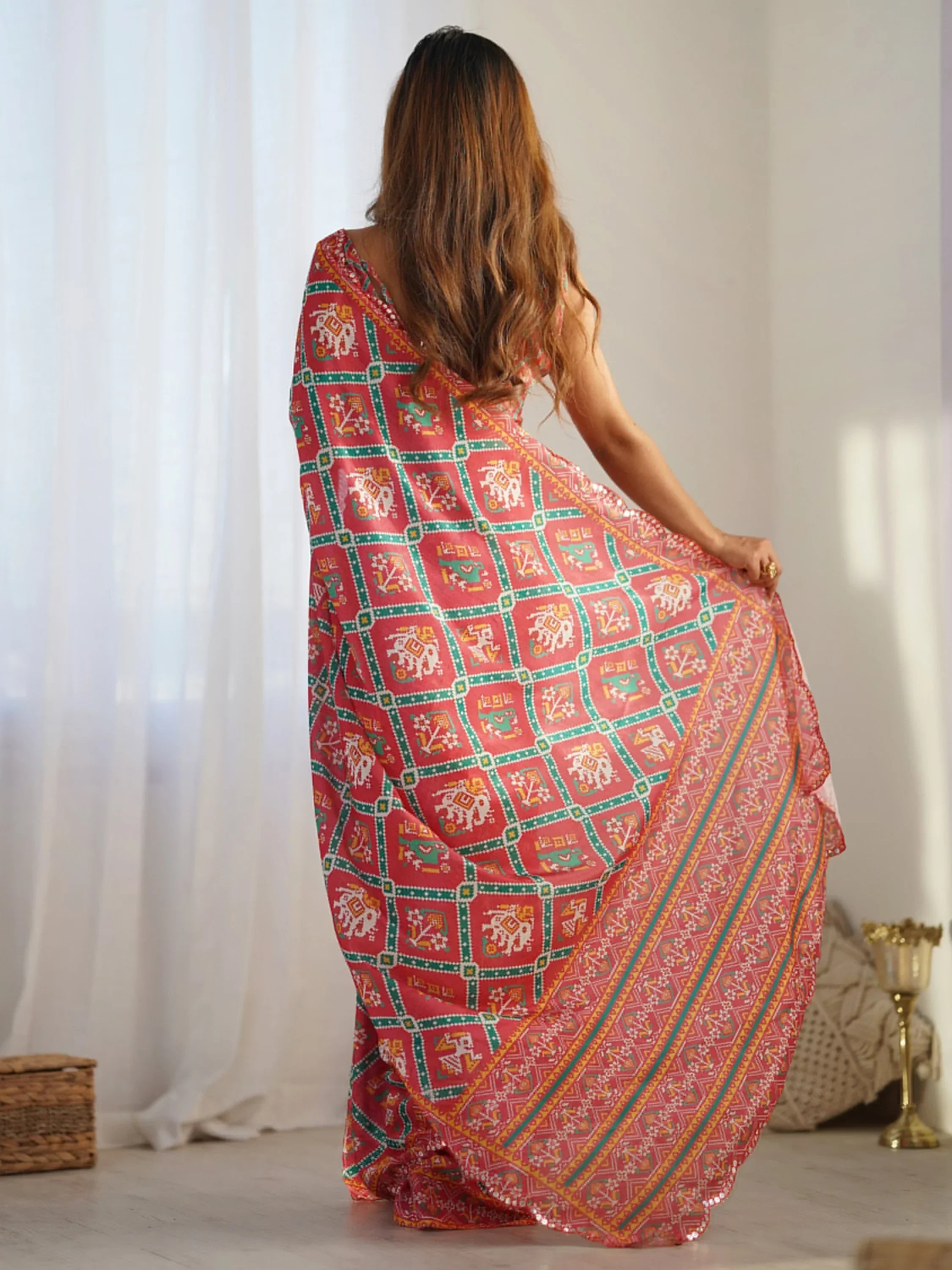 Gorgeous Red Digital Printed Chinon Casual Wear Saree With Blouse