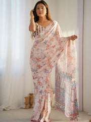 Stunning Cream Floral Printed Chinon Event Wear Saree With Blouse
