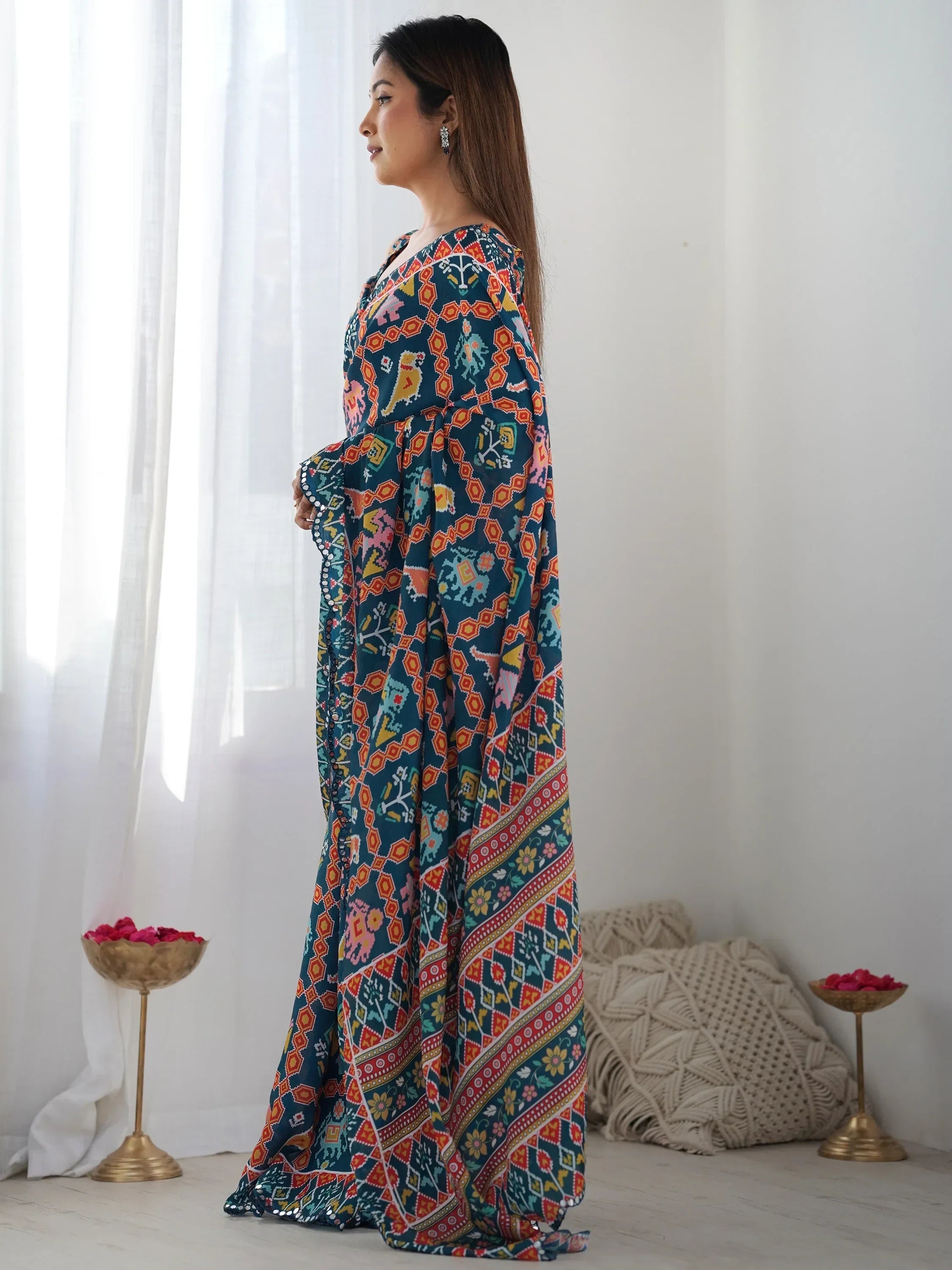 Astonishing Navy Blue Digital Printed Chinon Saree With Blouse