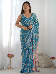 Marvelous Teal Blue Digital Printed Chinon Casual Wear Saree