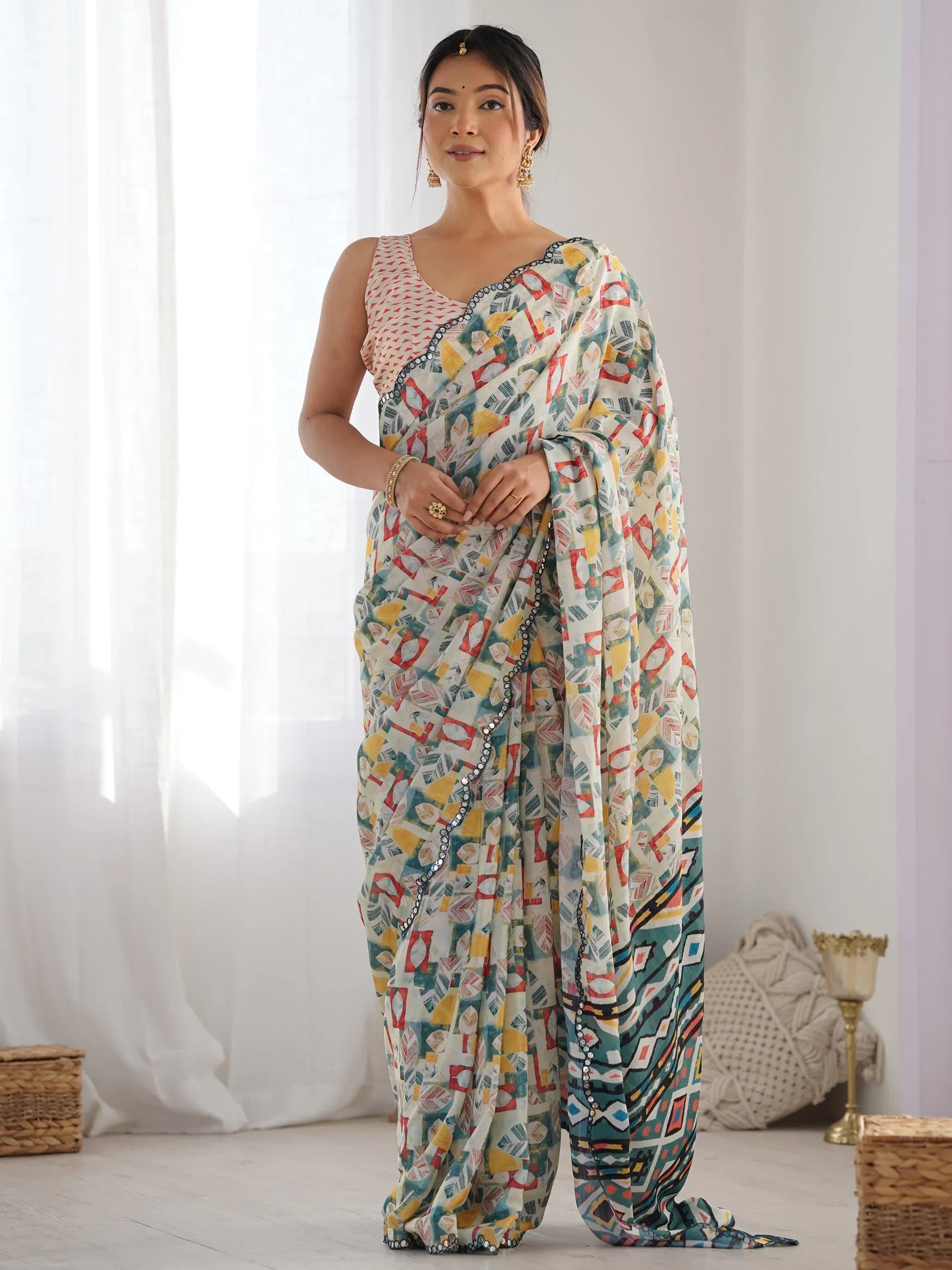 Awesome Off-White Digital Printed Chinon Festival Wear Saree