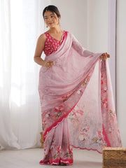 Amazing Pink Floral Printed Chinon Event Wear Saree With Blouse