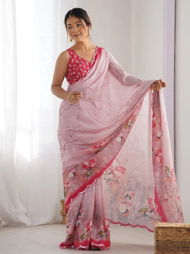 Amazing Pink Floral Printed Chinon Event Wear Saree With Blouse