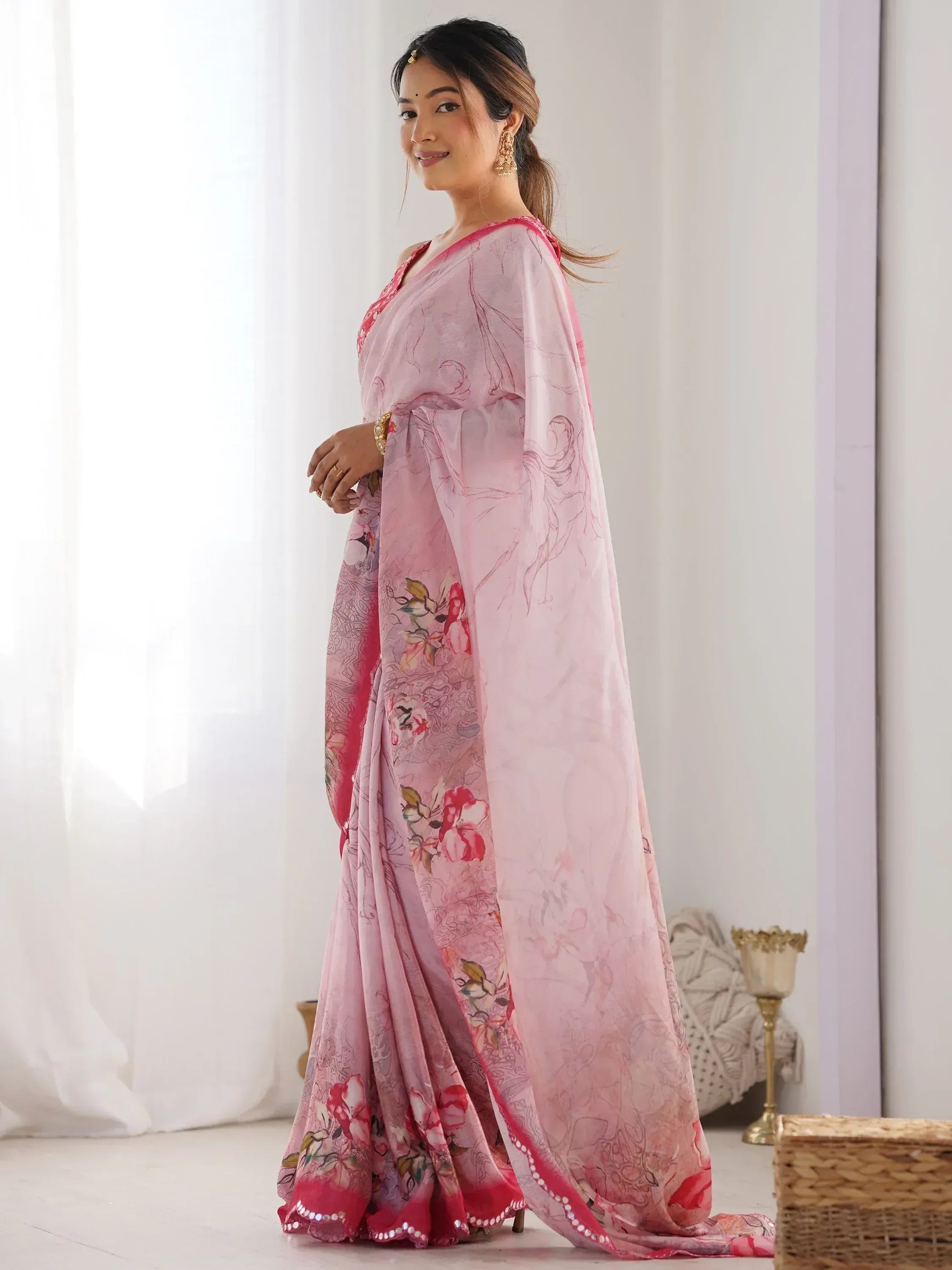 Pink floral printed saree with designer blouse, ethnic Indian wear for women