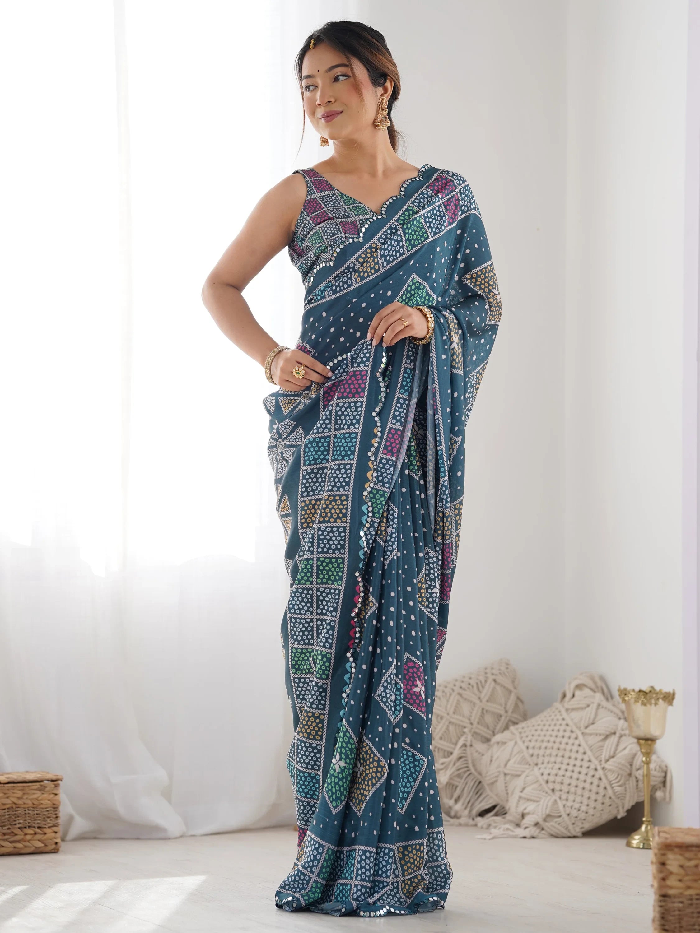 Outstanding Teal Blue Digital Printed Chinon Casual Wear Saree