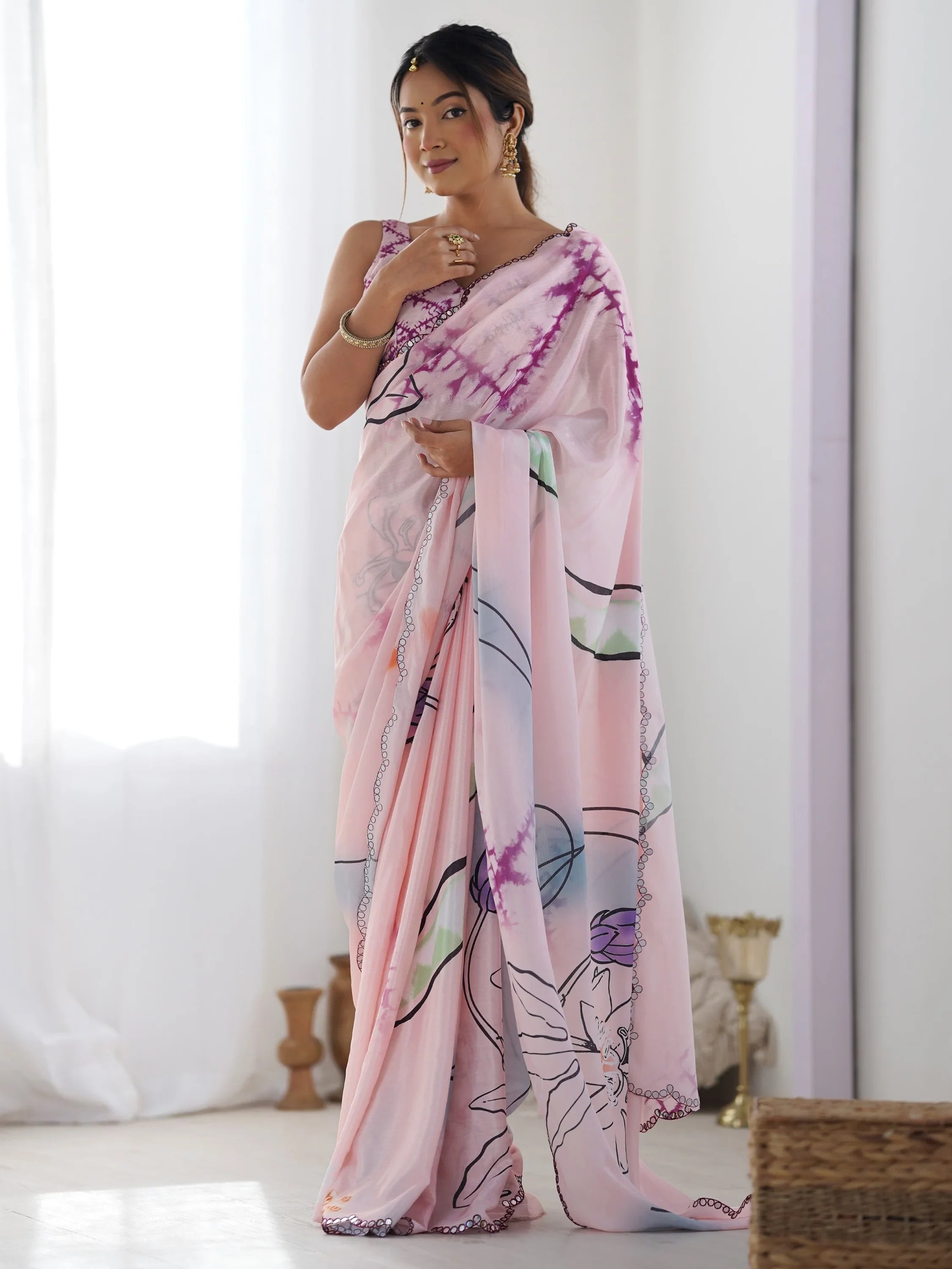 Wonderful Pink Digital Printed Chinon Office Wear Saree With Blouse