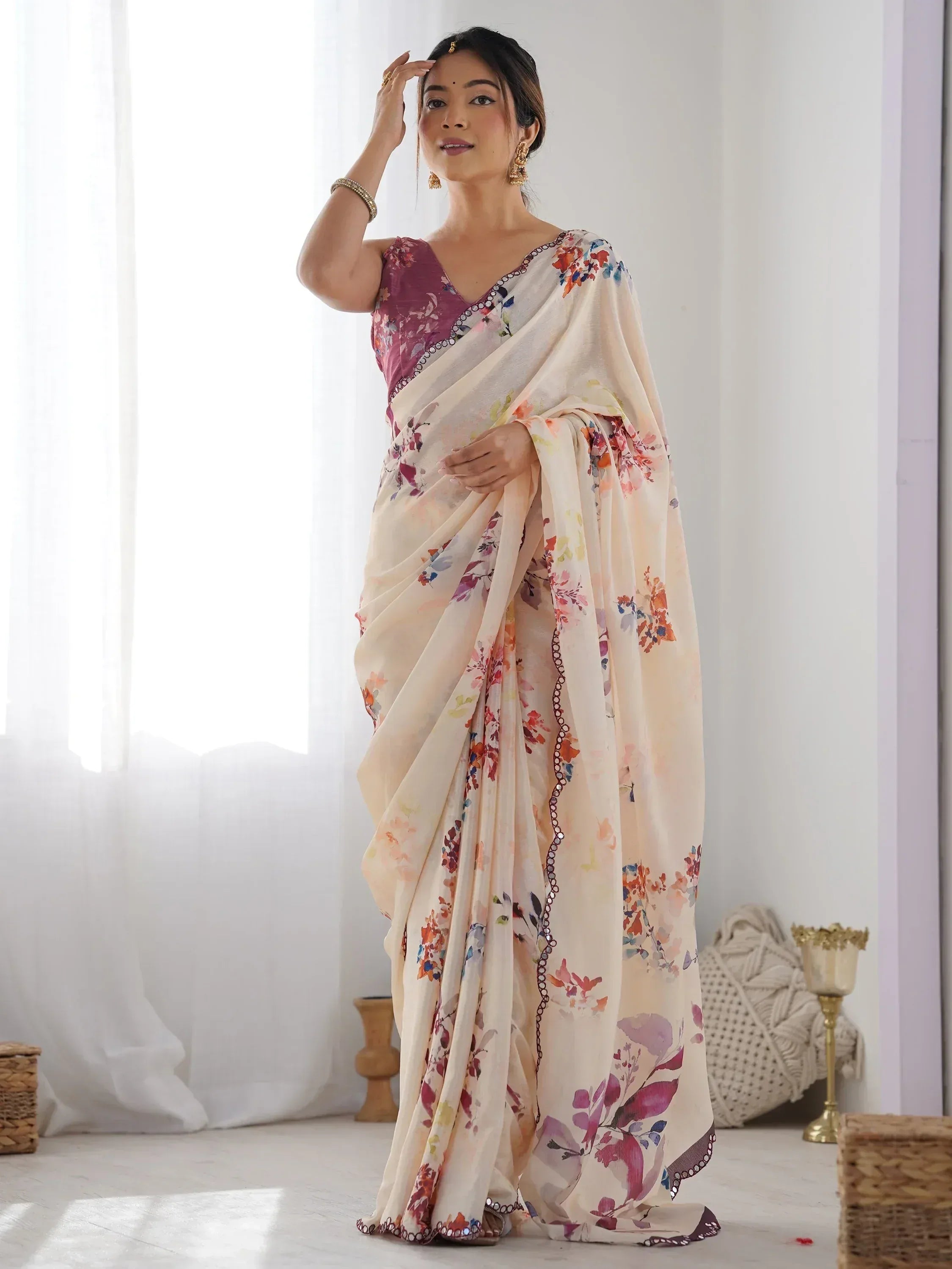 Floral print saree with purple blouse, ethnic Indian wear for women, stylish and elegant design