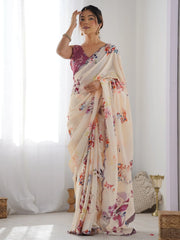 Fabulous Peach Digital Printed Chinon Event Wear Saree With Blouse