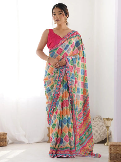 Dazzling Multi-Color Digital Printed Chinon Saree With Blouse