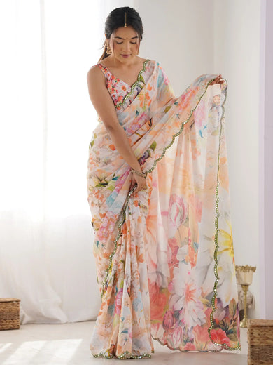 Captivating Multi-Color Floral Printed Chinon Festival Wear Saree