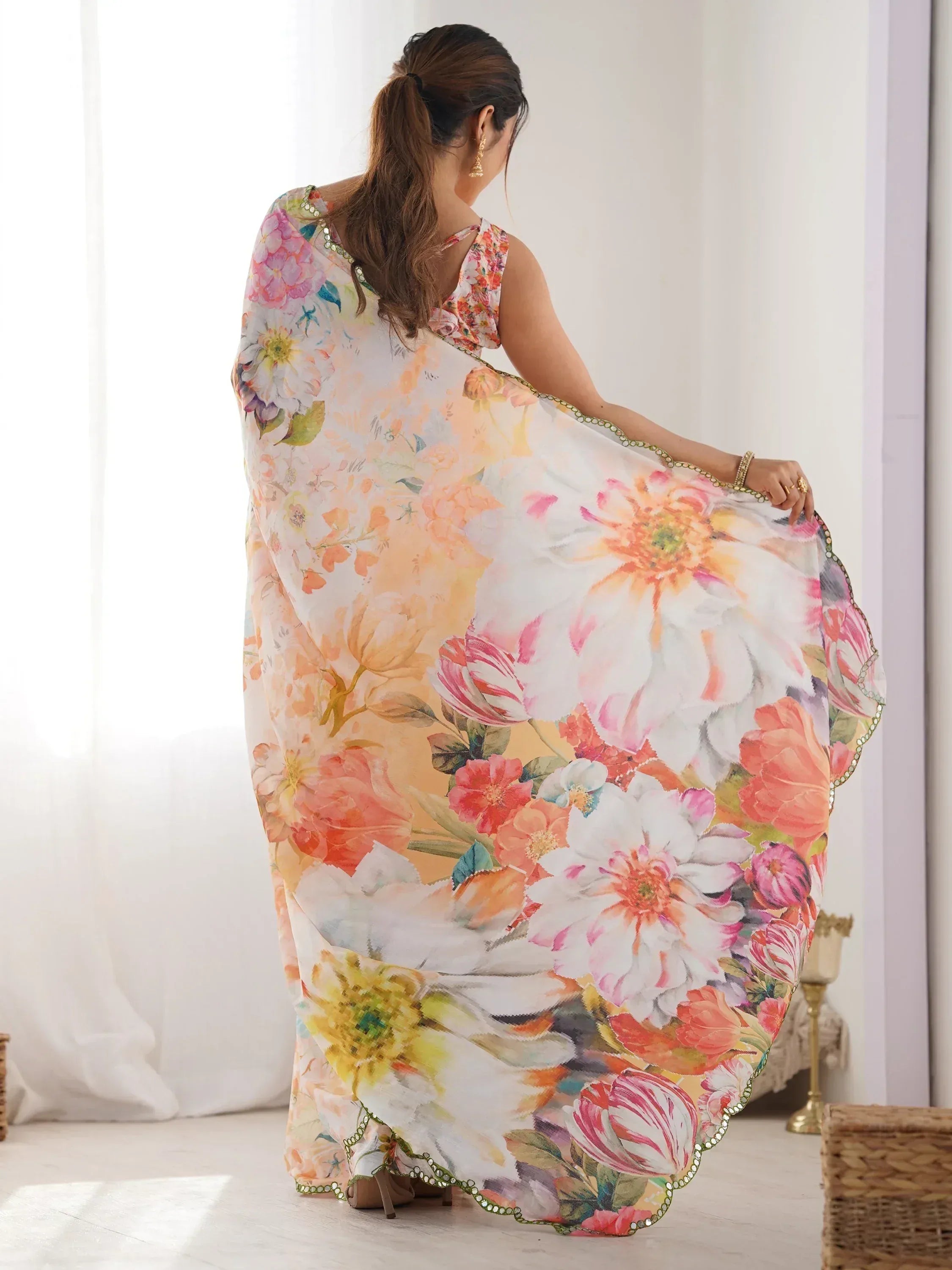 Floral printed ethnic gown with sequin trim, stylish Indian wear for women
