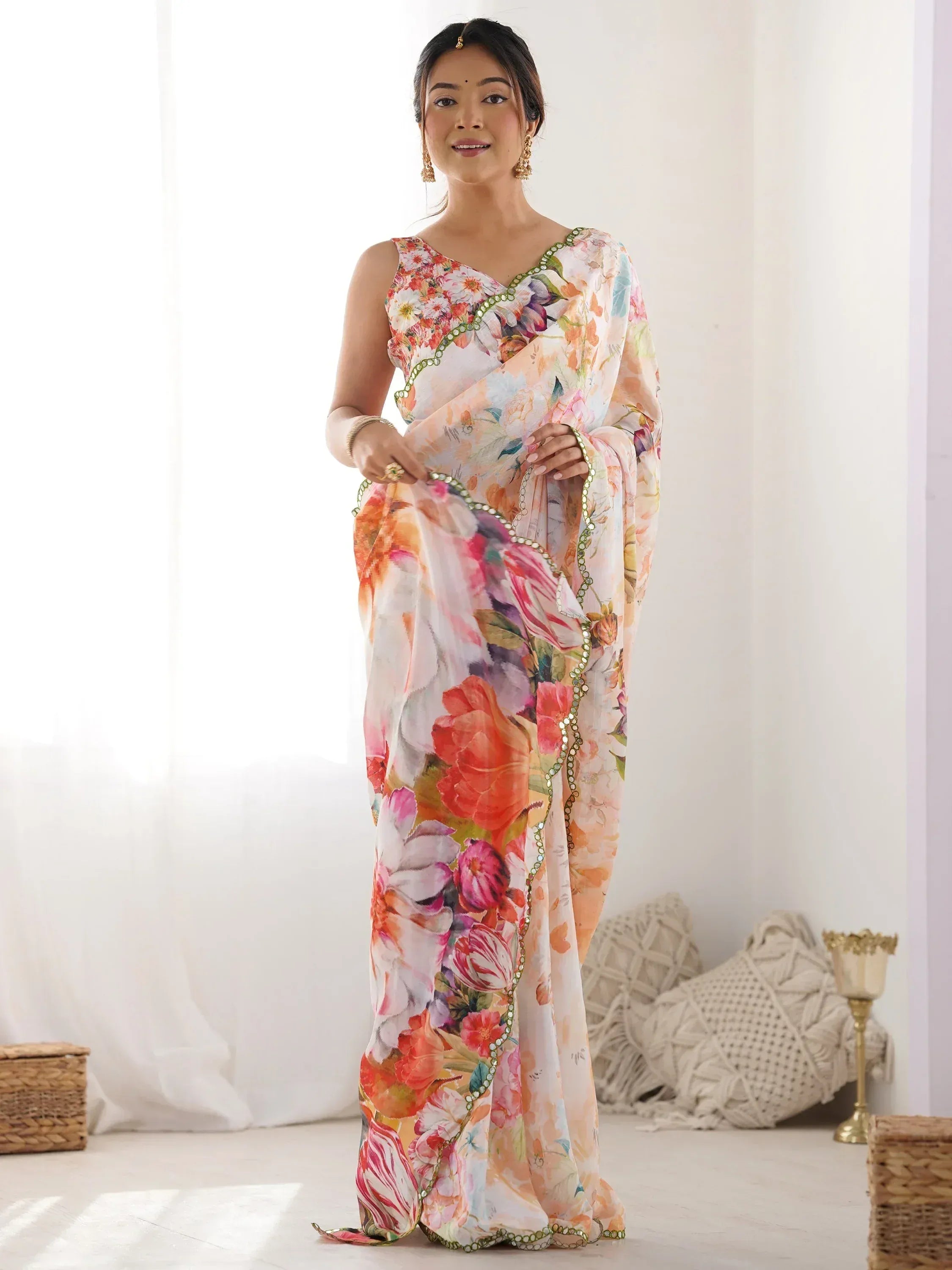 Floral print saree with sequin border, ethnic Indian wear for women