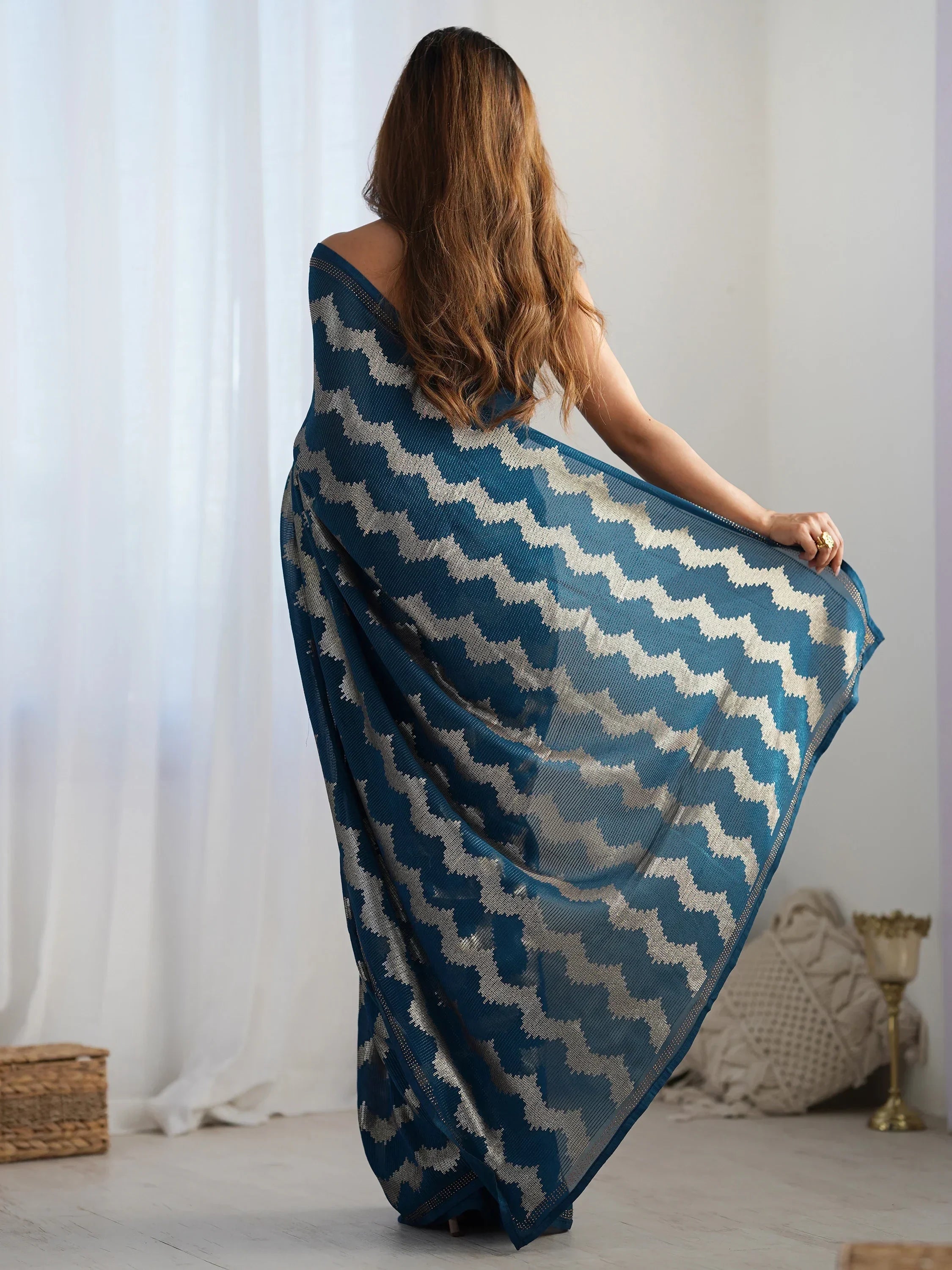 Incredible Teal Blue Sequins Georgette Cocktail Party Wear Saree