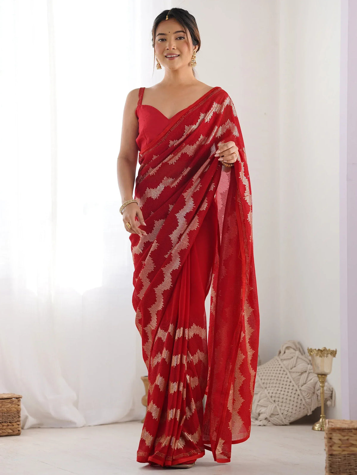 Red saree with gold geometric pattern, stylish ethnic wear for women