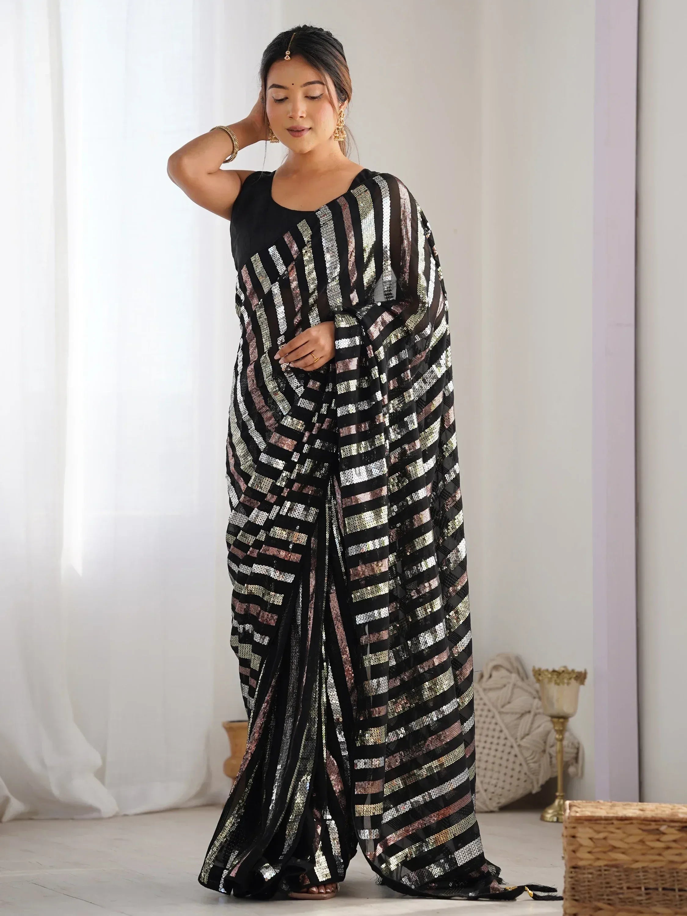Black sequin saree with striped pattern, Indian ethnic wear for women