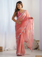 Beautiful Peach Thread Work Net Event Wear Saree With Blouse