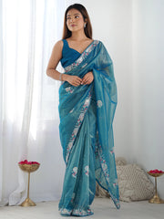 Stunning Teal Blue Sequins Net Festival Wear Saree With Blouse