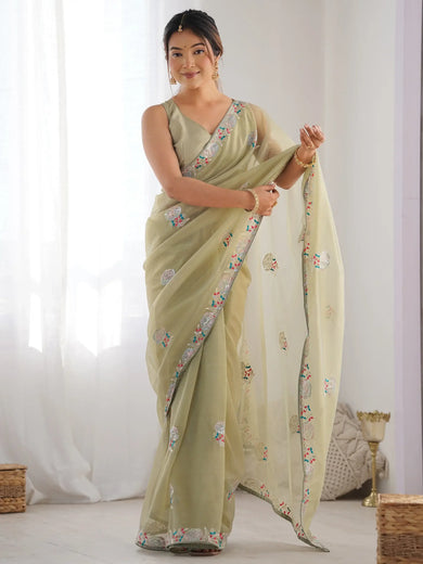 Astonishing Pista Green Thread Work Net Party Wear Saree