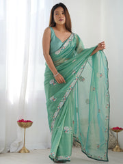 Spectacular Sea Green Sequins Net Event Wear Saree With Blouse