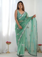 Spectacular Sea Green Sequins Net Event Wear Saree With Blouse