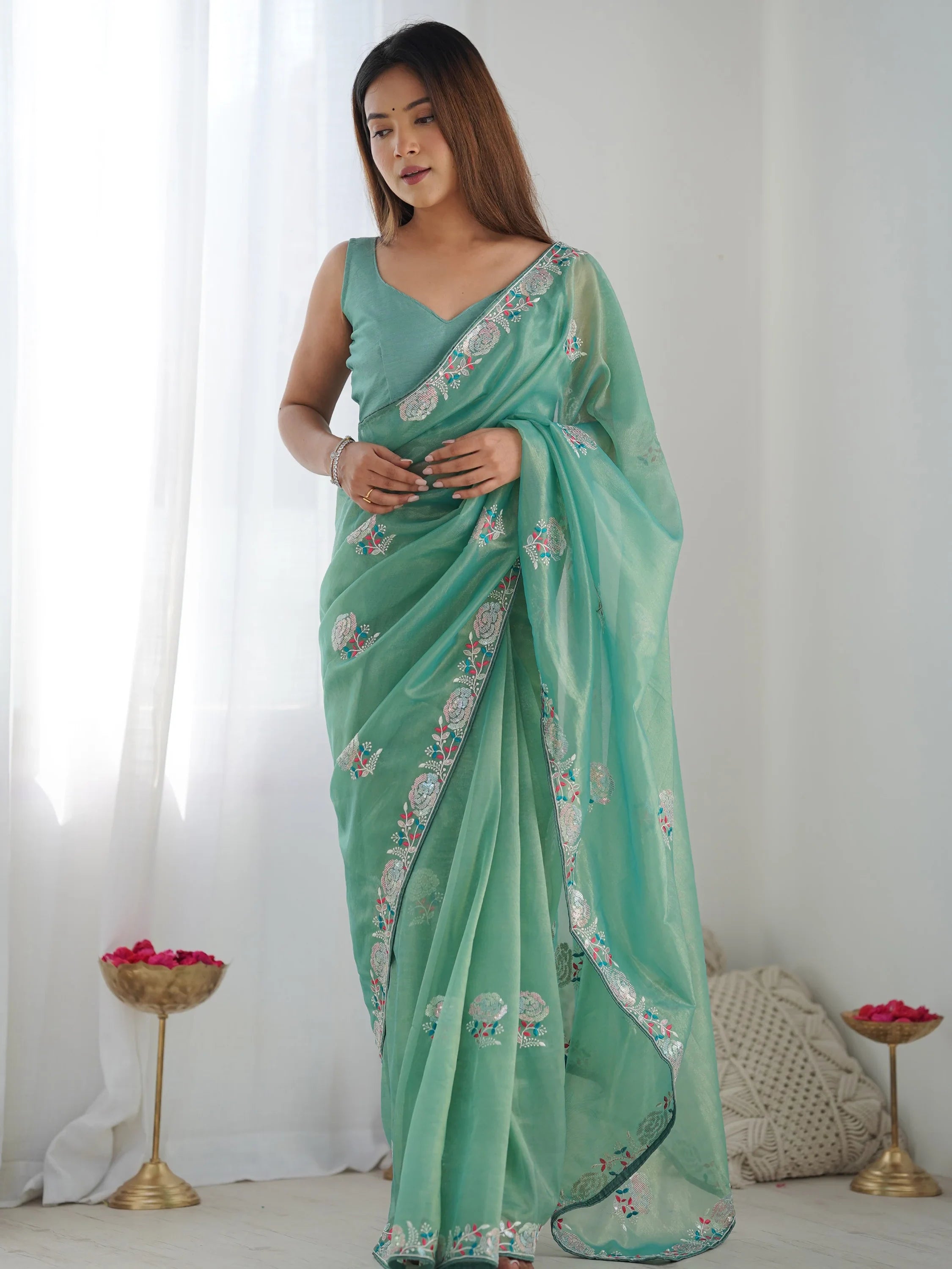 Spectacular Sea Green Sequins Net Event Wear Saree With Blouse
