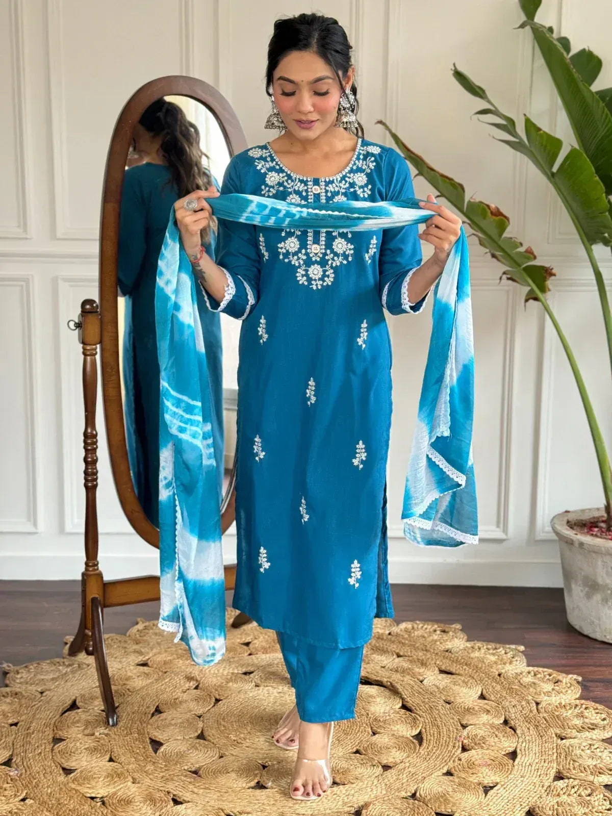 Blue embroidered salwar kameez with tie-dye dupatta, Indian ethnic wear