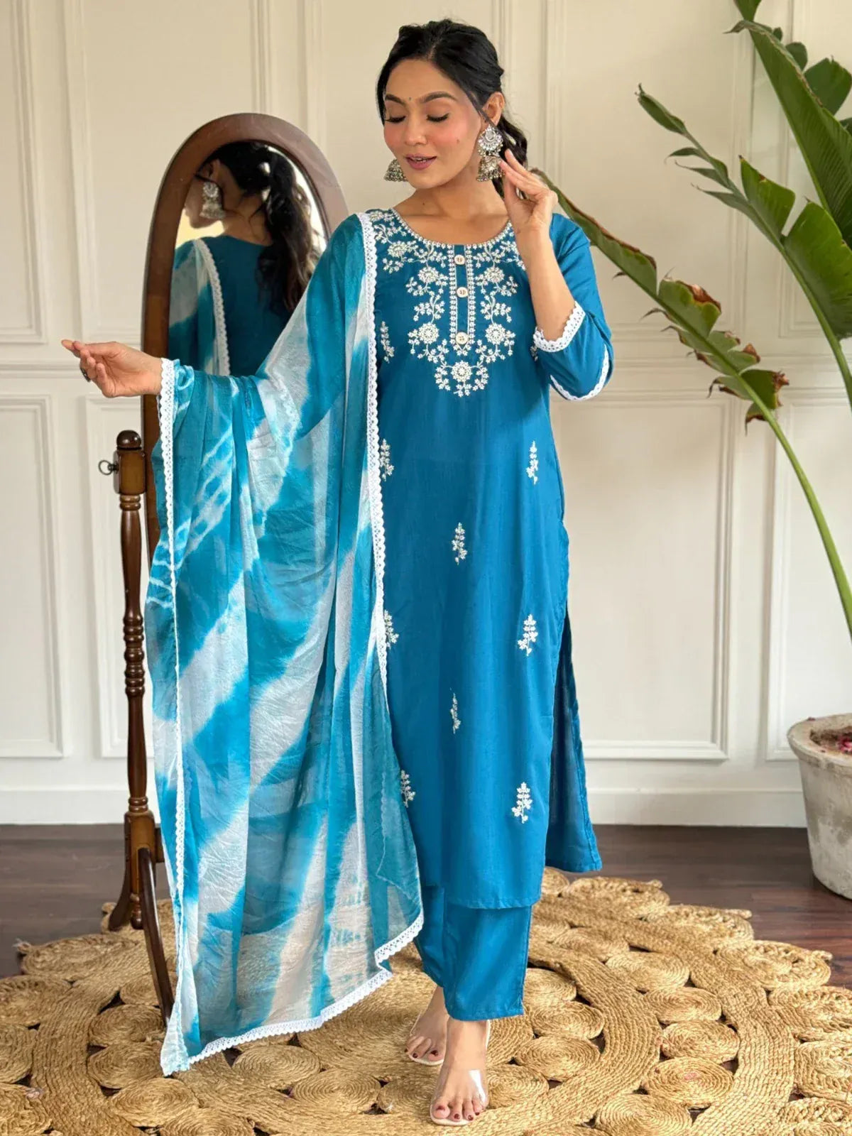 Blue embroidered salwar kameez with tie-dye dupatta, Indian ethnic wear for women