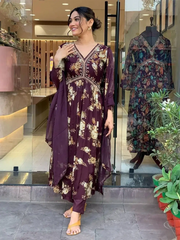 Captivating Wine Floral Printed Georgette Pant Suit With Dupatta