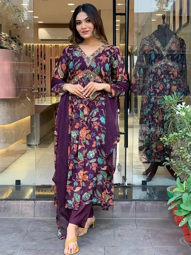 Attractive Purple Floral Printed Georgette Traditional Pant Suit
