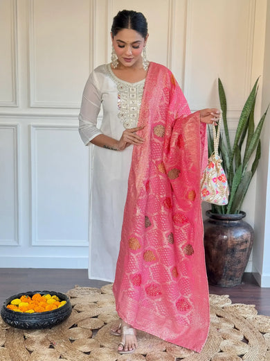 Amazing Off-White Embroidered Chanderi Pant Suit With Dupatta