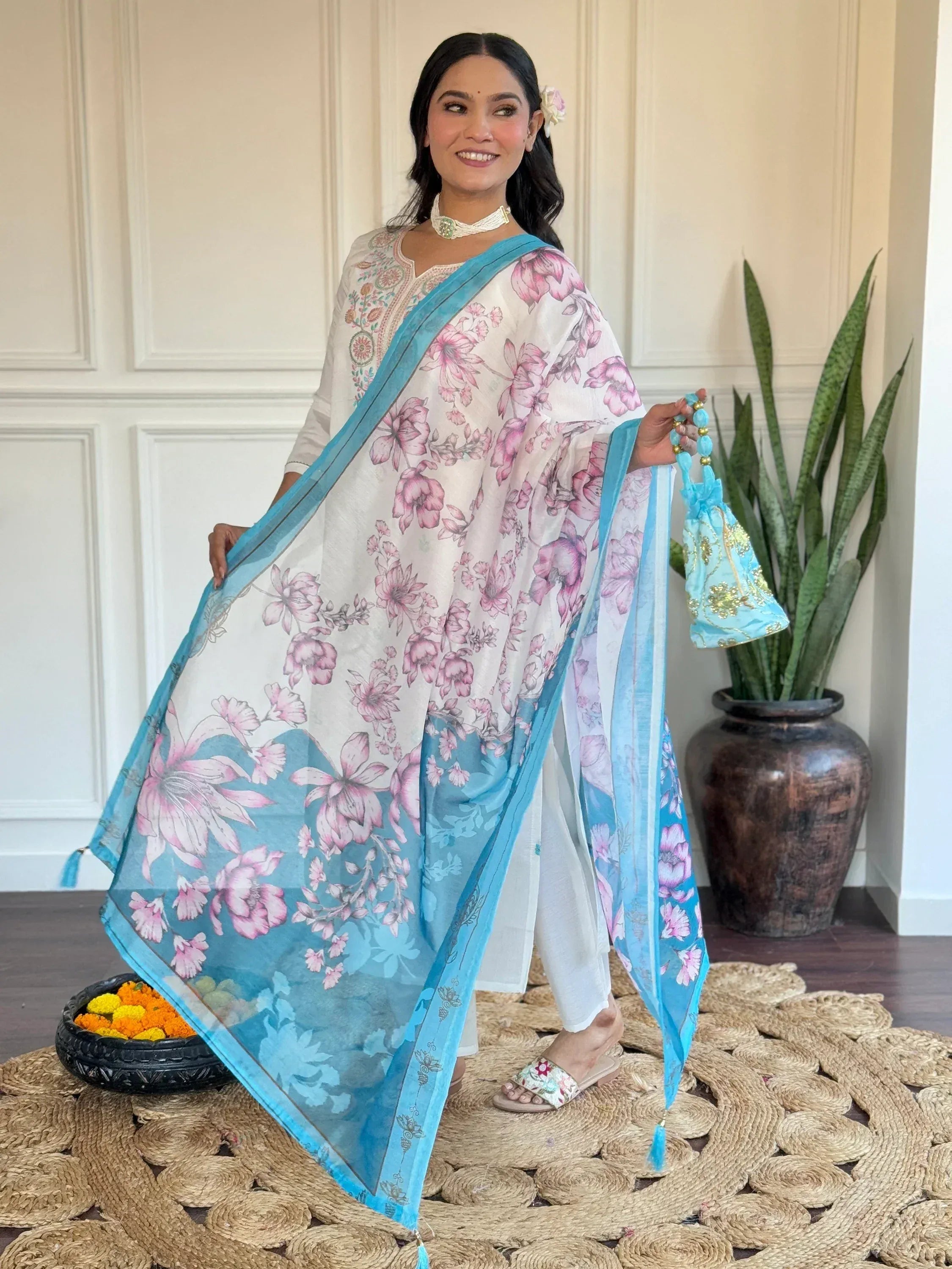 Floral printed salwar kameez with blue dupatta, ethnic Indian wear for women