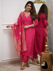 Tantalizing Rani Pink Embroidered Viscose Festival Wear Pant Suit