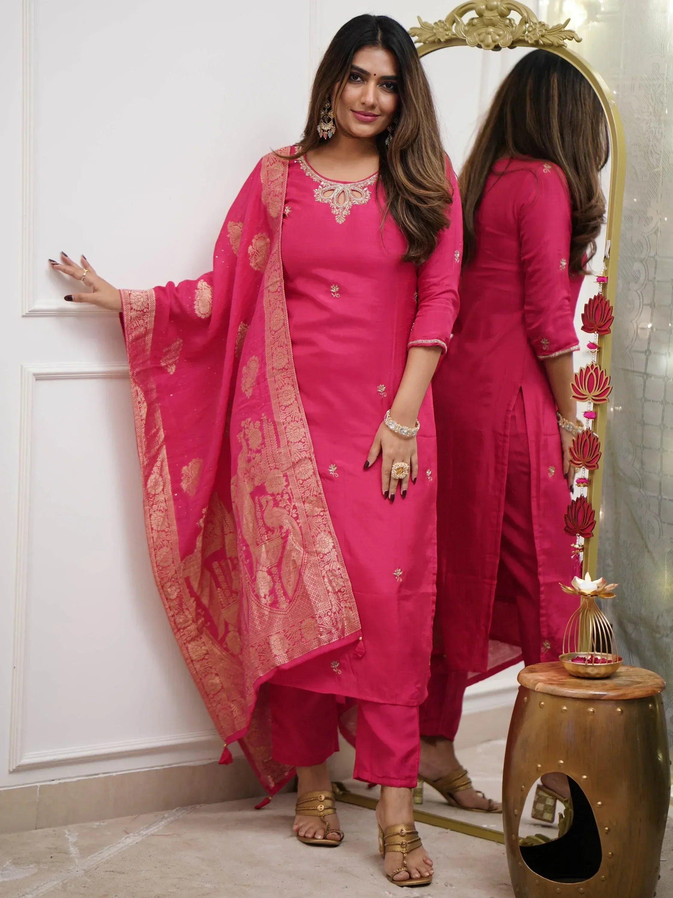 Pink embroidered salwar kameez with gold dupatta, ethnic Indian wear for women