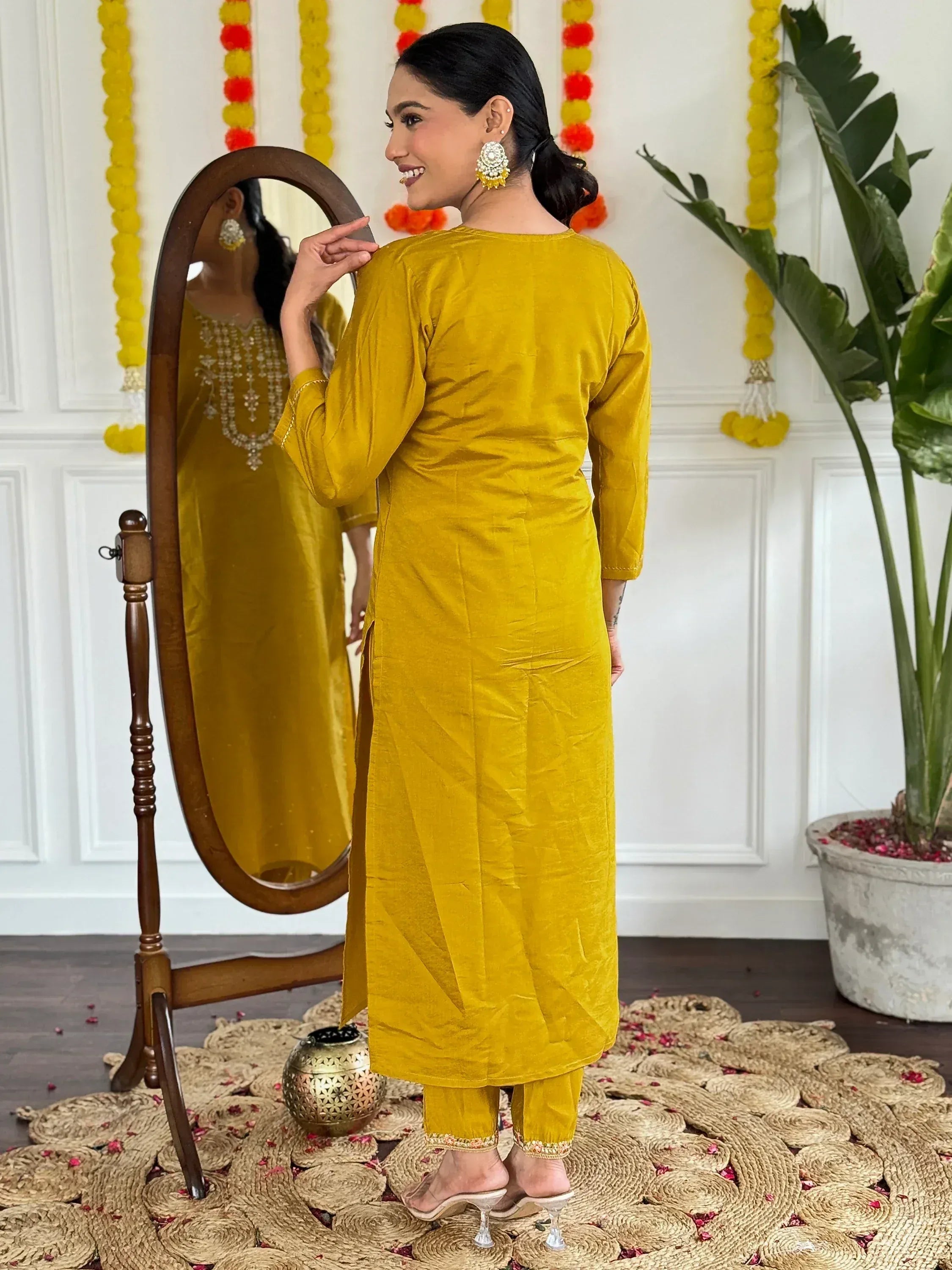 Yellow velvet salwar kameez with embroidery, festive Indian ethnic wear for women